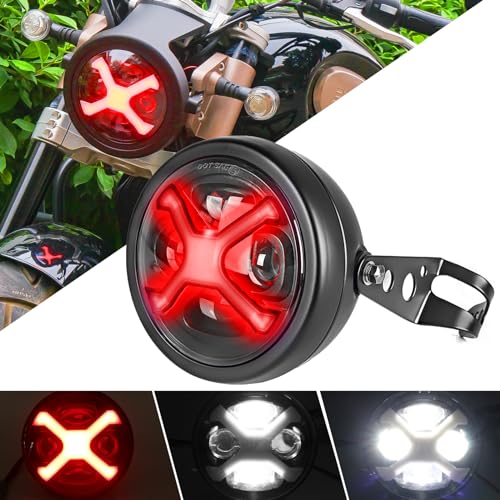 Motikvans led バイク ヘッドライト 5.75インチ60W X-タイプ 丸型 汎用ハウジング&ブラケット付き プロジェクター 6000K高輝度Hi/Lo切り替え 赤いDRL ハーレー ヤマハ ホンダ マグナ50 h4 モンキー ヘッドライトIP68防水 (X赤)