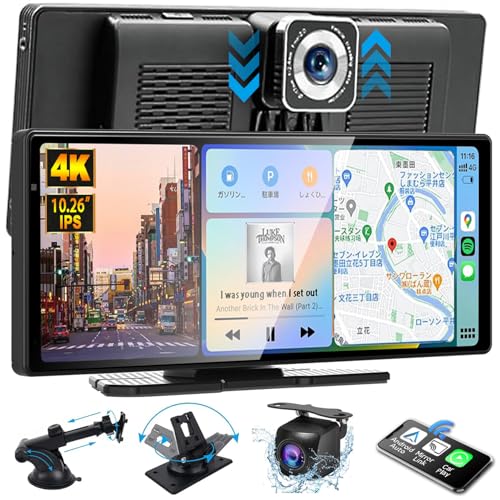 Jinxpro ディスプレイオーディオ 10.26インチ IPS液晶 ポータブル カーオーディオ ディスプレイ 一体型 CarPlay & Android Auto 対応 4K ドライブレコーダー リアカメラ付き WiFi/Bluetooth/AUX入力/FM ポータブル カーナビ 取り付け簡単