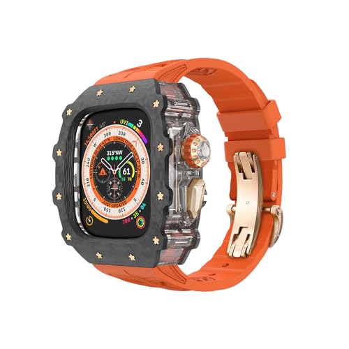 Apple Watch Ultra 2用容れものカーボン衣料繊維フッ素天然ゴム周波数帯域、晴れ晴れしいiWatch Ultra 49 粍成人男性カーボン衣料繊維容れもの、フッ素天然ゴム周波数帯域Apple Watch 49 粍 防御することバンパー取りまかなうの取り替えっこに適している (サクラ色ゴールド, 49粍) (サクラ色ゴールド, 49粍)