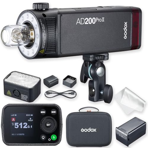 Godox正規代理店＆日本語取扱説明書Godox AD200Pro II TTLストロボ ポケットフラッシュ AD200PROII LEDモデリングランプ 200Wsの高出力 16の色グループライトとカラースクリーン 多機能交換ヘッド 1/512から1/1までを0.1単位で調整可能