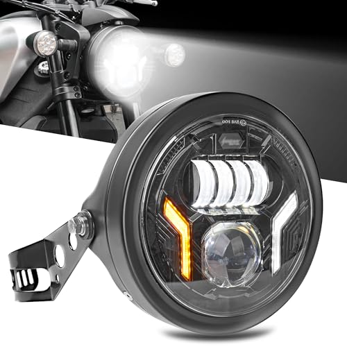 VANCROSER 7インチバイクヘッドライト ホワイトDRL/イエローウインカー付きHi/Lo切替 バイクledヘッドライトランプハウジングブラケット付セットヤマハホンダ汎用 CB400SF CB125r VTR250ホーネット250 レブル250 カスタムパーツ