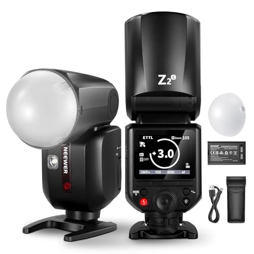 NEEWER Z2-C 2.4G TTLラウンドヘッドフラッシュストロボ スピードライト ディフューザー付き アップグレードされたUI 2つの調整可能なモデリングランプ TTL/MクイックTCMスイッチ 76Ws 1/8000s HSS 7.2V/3000mAhバッテリー 600フルパワーフラッシュ