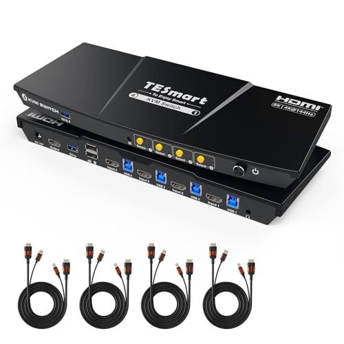 TESmart 8K@60サイクル 4インプット1最終生産物 HDMI KVM取り替えっこ 1管する4マイコン用 USB3.0 KVMうつり変わり器 4K@120サイクル/144サイクル HDR10/Dolby Vision EDID役立つこと L/Rオーディオ界面 熱っぽい手懸かりうつり変わり VRR/FVA/ALLM相応う HDCP2.3 申し受ける役立つこと 遠隔操作、インプット有線テレビ属する PCアクセサリー-その他