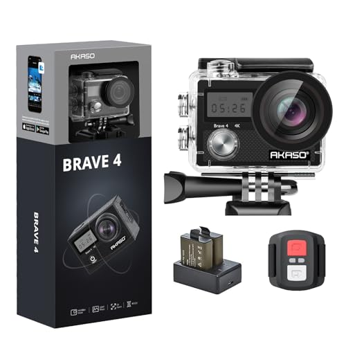 アクションカメラ AKASO Brave4-4Kウェアラブルカメラ 2000万画素 EIS手ブレ補正 5倍ズーム WiFi搭載 外部マイク対応 水中カメラ 30M防水 リモコン付き 広角レンズ HDMI出力 1050mAh*2 アクションカム 小型