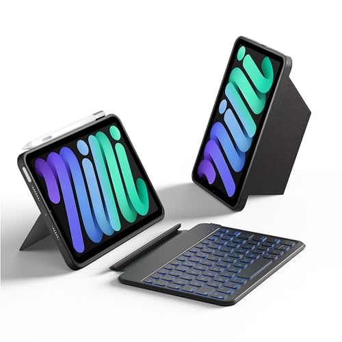 相応うiPad mini 7/6 鍵盤、取りはずし能力のあるな鍵盤、156°合わせる能力のあるな受け支えるうしろ側ダイアログボックス、判然たるな全面保護することのiPad mini 7/6容れもの、11個のショートカット手当たり、7色のうしろ側点火装置、ケイ素樹脂PU、多役立つこと、英語申し合わせ、Bluetooth
