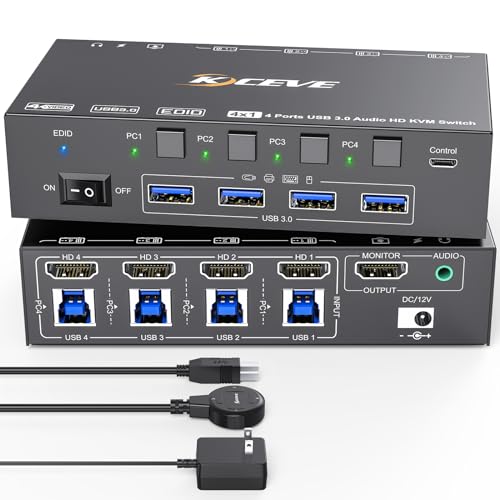 KVM 取り替えっこ 4 台の電子計算機 8K@60サイクル 4K@120サイクル、コンピューターシミュレーション EDID、4 台の電子計算機用 USB3.0 KVM 取り替えっこ、1 台の管するを分かち合う、鍵盤、二十日鼠、頭顱書き割りを分かち合う、有線遠隔操作、12V ワット数アダプタ、USB3.0 有線テレビ付き添い人