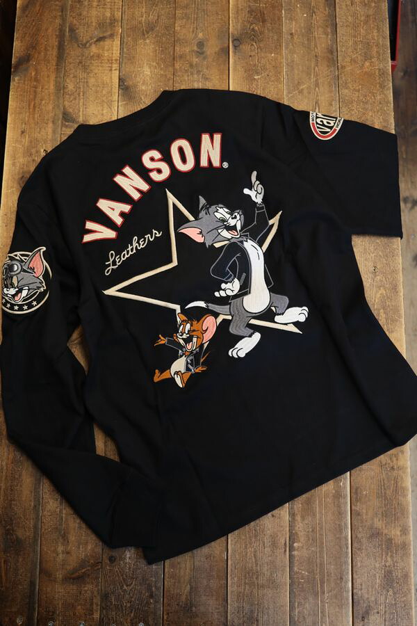 VANSON×Tom and Jerry トムとゼラチン TJV-2532 一はやりっ子天竺長袖Tee 黒いこと