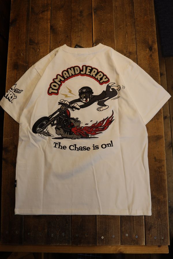 NEVERMIND×Tom and Jerry　トムとジェリーコラボ　TJN-2605 天竺半袖Tee　刺繍　バイク　Tシャツ　オフホワイト