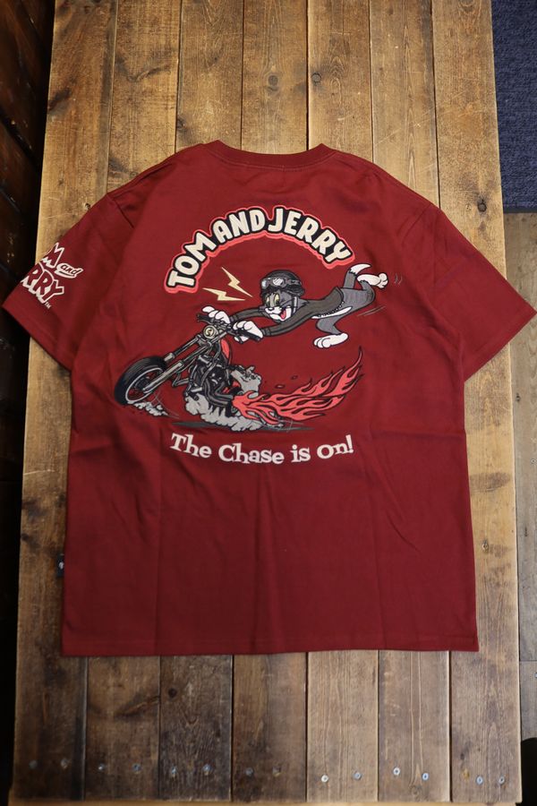 NEVERMIND×Tom and Jerry　トムとジェリーコラボ　TJN-2605 天竺半袖Tee　刺繍　バイク　Tシャツ　ワイン