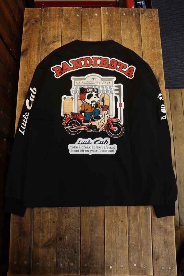 PANDIESTA JAPAN パンディエスタ 595500 HONDA×PANDIESTA Little Cub カフェブレイク 百貨店小僧＆ジャイアントパンダ刺しゅう ロンTee 黒いこと メンズファッション-コート・ジャケット