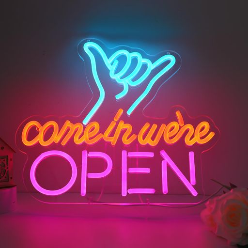 ENUOLILEDネオンサイン、ネオンライト、オープンネオン、カフェネオン看板、openネオン、35x31cm調光可能USB給電壁掛け「Comeinwe’reOPEN」看板3色発光店舗、バー