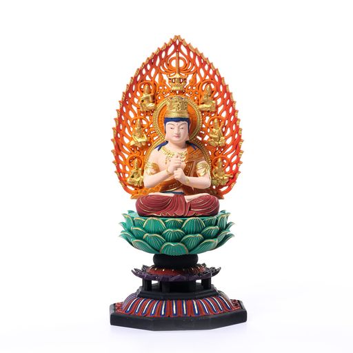 繁楼芸雕 仏像 大日如来 真言宗 仏壇仏像 木彫り 柘植の木 飛天光背 蓮華台座 未年・申年 守り本尊(高さ17cmx巾8.5cmx奥行8.5cm)｜HiT Creations