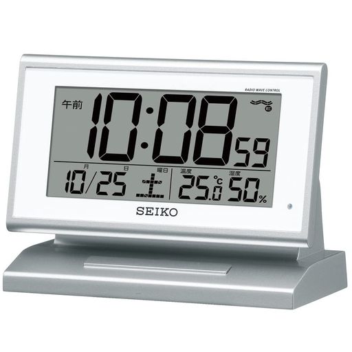 セイコークロック(SeikoClock)目覚まし時計自動点灯電波デジタルカレンダー温度湿度表示夜でも見える銀色メタリックSQ768SSEIKO