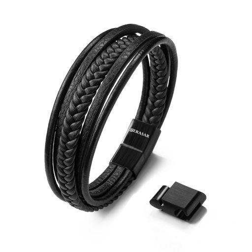[SERASAR]21cmブラックブレスレットメンズギフトボックスPUレザーブレスレット編み込み調節可能マグネット留め金マルチレイヤーラップジュエリーメンズアームバンドマグネットアクセサリー