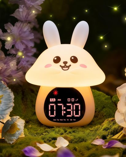 子ども用スリープトレーニング目覚まし時計・ナイトライト付き?「OktoWake」ダブルアラーム、RGBライト、6種類のアラーム音&ホワイトノイズ、充電式、男女兼用?うさぎ