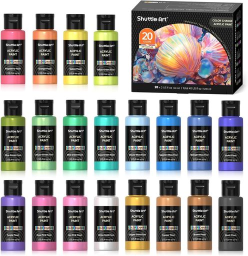 ShuttleArtアクリル絵の具カメレオン色20色セット虹色パールカラーキラキライリデッセンス速乾防水耐久60ml大容量伸びがいいイラスト塗り絵クラフトDIY手作りプラモデル塗装フルイドアー…