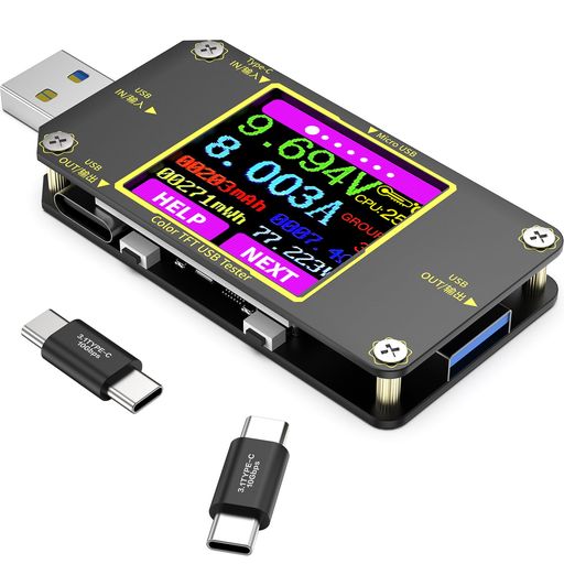 YEREADWUSB電圧電流テスター2-in-1マルチメータータイプCコネクター0-8A4.5~24V360°回転スクリーン搭載黒い
