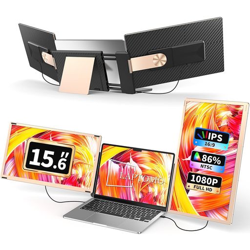LaptomoS6トリプルポータブルモニター15.6インチFHD1080PIPSデュアルモバイルモニターノートパソコンモニター2画面/3画面拡張ディスプレイ折りたたみ式180°回転HDMI/Type-Cプラグアンドプレイ