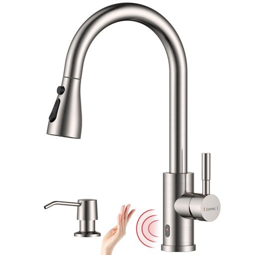 DAYONEタッチレスキッチン水栓\u0026石けんディスペンサー、SUS304ステンレス鋼製抽き出し式割り増し金感応作用式勝手もと水栓、3役立つこと吹きつける付き添い人360°回転させる勝手もと雑ぜ合わせる水栓、自動小銃赤外線キッチンタッ…