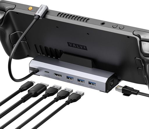 JSAUX6-in-1ドッキングステーションSteamDeck/OLED/ROGAllyX/LegionGo(S)/MSIClaw対応、4K@120HzHDMI2.1・ギガビットイーサネット・USBA3.0x3・100W