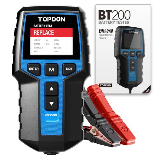 TOPDONBT200バッテリーテスター高精度100-2000CCAテストAGM・ゲル・EFBバッテリー向け日本語良否判定・CCA・SOH・SOC・電圧・内部抵抗・電流・定格など測定可能12V/24V充電/始動システムアナライザー