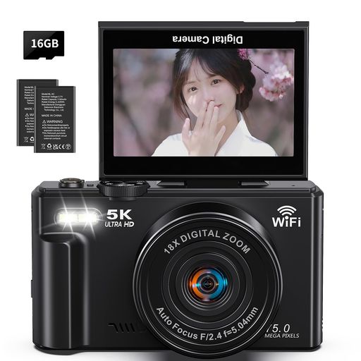 デジタルカメラ 5K動画 7500万画素 デジカメ スマホに送れる WIFI転送機能 18Xデジタルズーム AFオートフォーカス LEDライト ウェブカメラ 3.0インチ180度回転可能大画面 充電式バッテリー コン…|HiT Creations