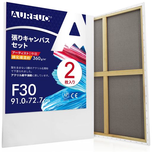 AUREUO綿化繊混紡張りキャンバスF30(91.0cmX72.7cm)2枚-中目布?水彩画・油絵画・アクリル兼用-モダンアート・ポップアートに最適