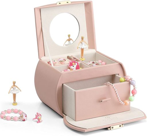 Vlando半円形ジュエリーボックスオルゴール子供キッズジュエリー収納ボックスレザーブレスレットネックレスリング収納オーガナイザー娘への最高の誕生日プレゼント三歳以上ピンク