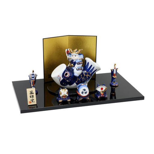 大阪長生堂五月人形兜飾りコンパクトミニ鯉のぼり室内用陶器製出世兜こいのぼり木製台付