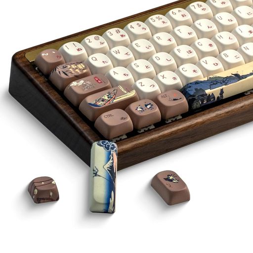 XVXMOAProfile日本の富士山テーマPBTキーキャップセット、140キーコーヒー&クリームカスタムキーキャップ、米国レイアウトメカニカルキーボード用(ブラウン/ベージュデザインキープラー付き)