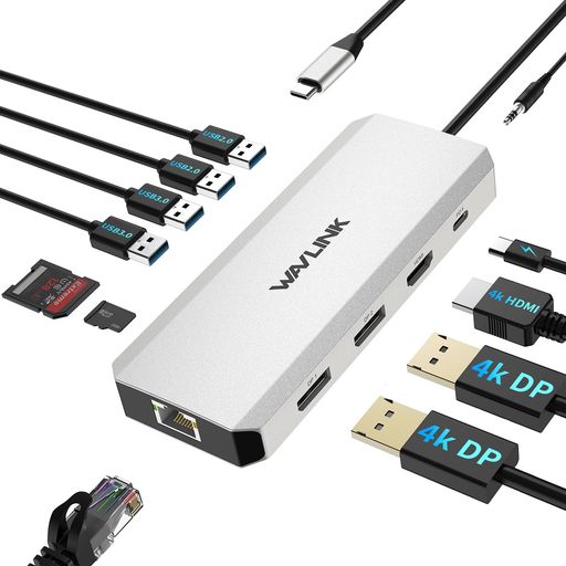 WAVLINKUSBCハブトリプルモニター、12in1ラップトップドッキングステーション、4KHDMI、デュアル4KDP、100WPDIN、5Gbps
