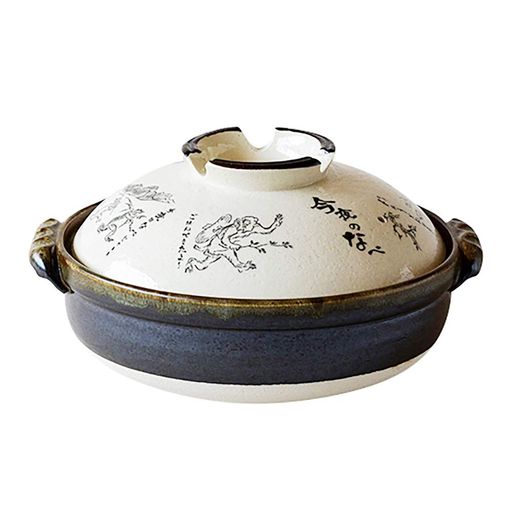 佐治陶器万古焼土鍋9号鳥獣戯画日本製24-804ホワイト3200ml