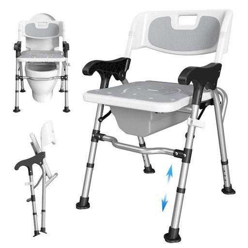 シャワーチェアポータブルトイレハイアップ便座3合1折りたたみ高さ合わせる幼児用便器井戸釣瓶付き添い人老いらく者独立独歩助けること風呂場室内用便器両用白いこと耐荷重181kg