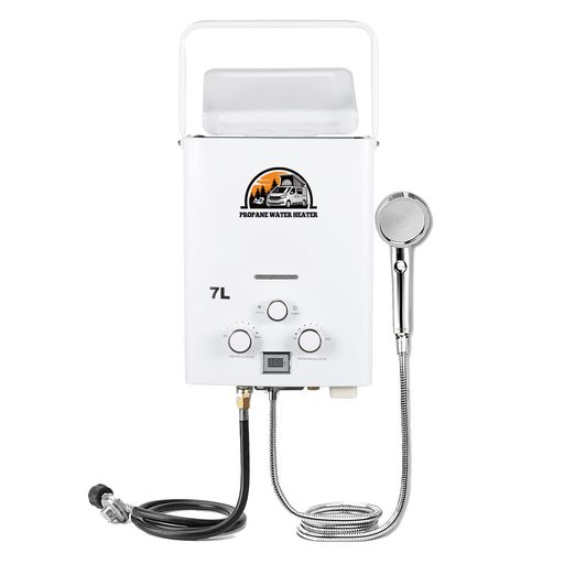 Hapyvergo 携帯用LPガス給湯器 7L タンクレス 湯沸器 1.85 GPM 熱湯ヒーター 取り付け簡単 過熱保護 オートストップ機能 摂氏(&deg;C)のデジタル表示 RVシャワー/キャンピング/キャビンボートに適用 白｜HiT Creations