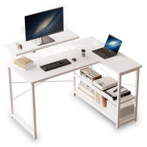 Merytes パソコンデスク 学習机 勉強机 computer desk ゲーミングデスクワークデスクL字デスク 棚 付き pc 省スペース 組立簡単 在宅勤務｜HiT Creations