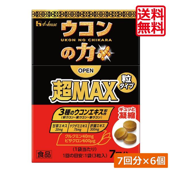 送料無料 ハウスウェルネス ウコンの力 超MAX 粒タイプ 7回分（1袋3粒）×6個（超マックス） 二日酔い 粒タイプ