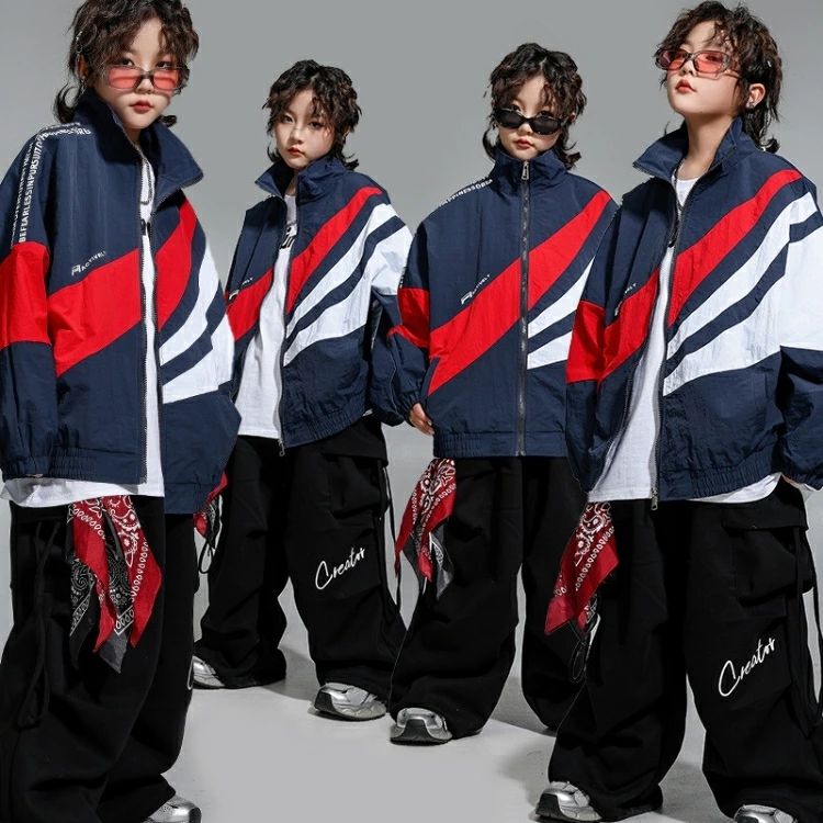 キッズダンス衣装 運動風 セットアップ ヒップホップ 子供服 キッズ ダンス衣装 男の子 女の子 ジャケット 長袖 紺色 パンツ ロング丈 黒 上下セット ストリートダンス 学生服 運動会 演出服 応援団 練習用 おしゃれ
