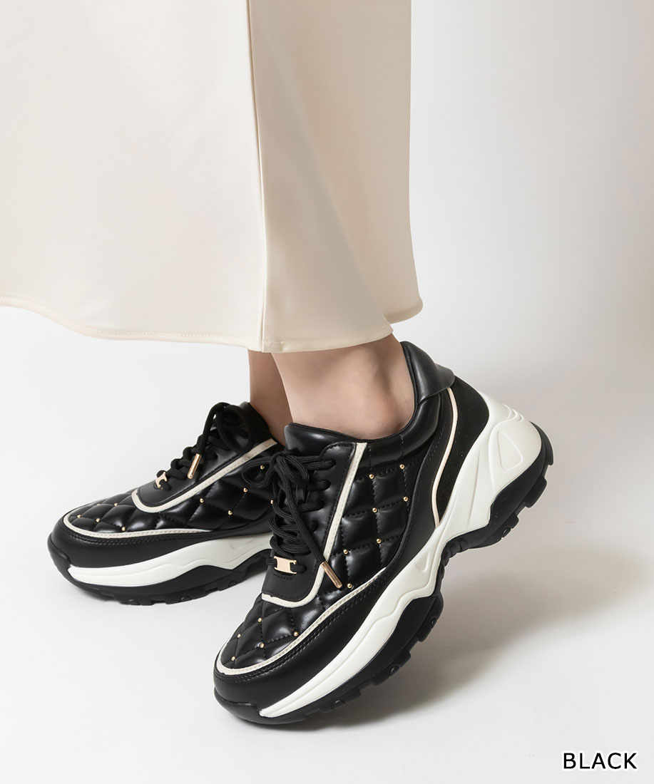 【美品】RANDA ランダ ビジュー キルティング 靴 スニーカー 黒 24.5 ランダ RANDA ビジューキルティングスニーカー （BLACK