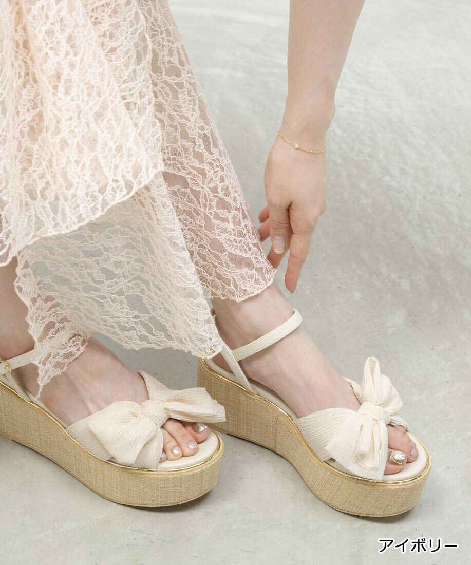 ◆予約◆【22.5cm～25.5cm】RANDA/ランダ/プリーツリボンデザインウェッジサンダル/PS37162/J