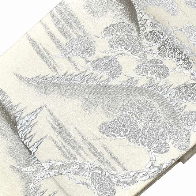 【中古】 リサイクル帯 袋帯 仕立て上がり 正絹 結婚式 綴織 松文様 山文様 銀系 jj1680b0【着物ひととき】|着物ひととき