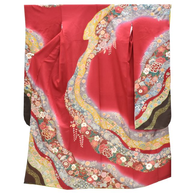 \最大15%OFFクーポン+P5倍/振袖 正絹 長襦袢 2点セット 花文様 仕立上り 赤 金駒刺繍 絞り 辻が花 L ちょっとふくよかL spo7210-iknb125|リサイクル着物 着物ひととき 中古