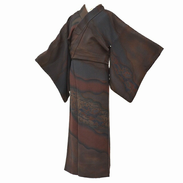 円 在庫処分 リサイクル 色無地 小紋 正絹 仕立て上がり リサイクル色無地 縮緬 女性 リサイクル着物 紋付 裄66cm M 身丈158cm ちょっとふくよかl 茶色系 風景文様 良品 Pp2158b