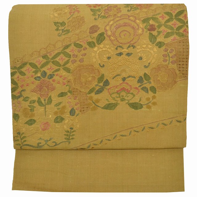 円 新しいスタイル 袋帯 リサイクル 帯 正絹 仕立て上がり 小紋 紬 着物 洒落帯 茶系 花文様 スワトウ刺繍 相良刺繍 紬地 特品 Qq2104b