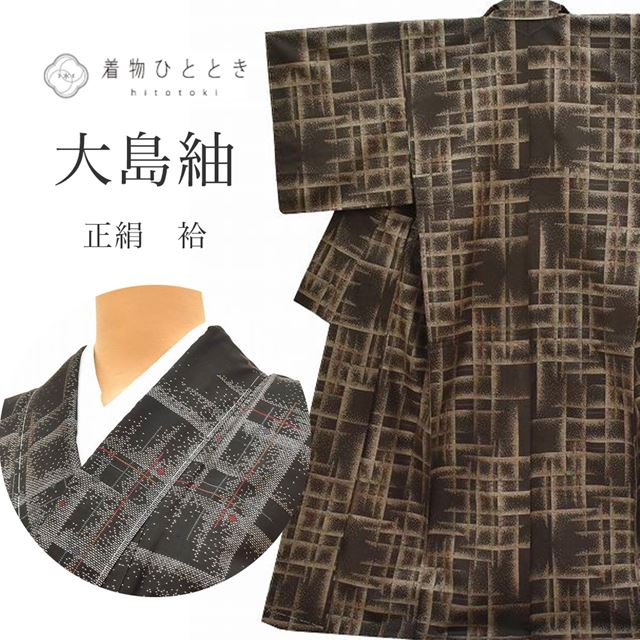 \最大20%OFFクーポン+P5倍/【中古】 大島紬 着物 正絹 リサイクル 裄64.3cm 身丈157cm 泥染め 美品 未使用品 仕立て上がり M 茶色系 絣 格子文様 紬 【 紬 紬の着物 リサイクル紬 正絹 袷 紬 着物 中古 古着 アウトレット 送料無料】ss1125b|リサイクル着物 着物ひととき 中古