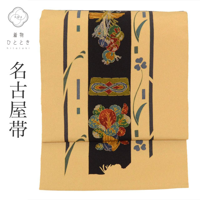 名古屋帯 正絹 九寸 仕立て上がり リサイクル帯 茶色系 植物文様 縮緬 全通柄 染め帯 【中古】 tt2688b