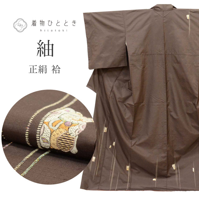 【中古】 リサイクル着物 白山紬 袷 正絹仕立て上がり 落款あり 裄68cm 身丈163.5cm Ｌ 茶色系 まねき猫文様 uu1081b