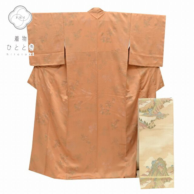＼全品P10倍+10％OFFクーポン／ 【中古】 小紋 リサイクル着物 帯 セット 正絹 未使用品 袷 裄65.5cm M 身丈160.8cm M 茶色系 花文様 上質 セミフォーマル 春 秋 冬 仕立て上がり｜リサイクル着物 着物ひととき 中古
