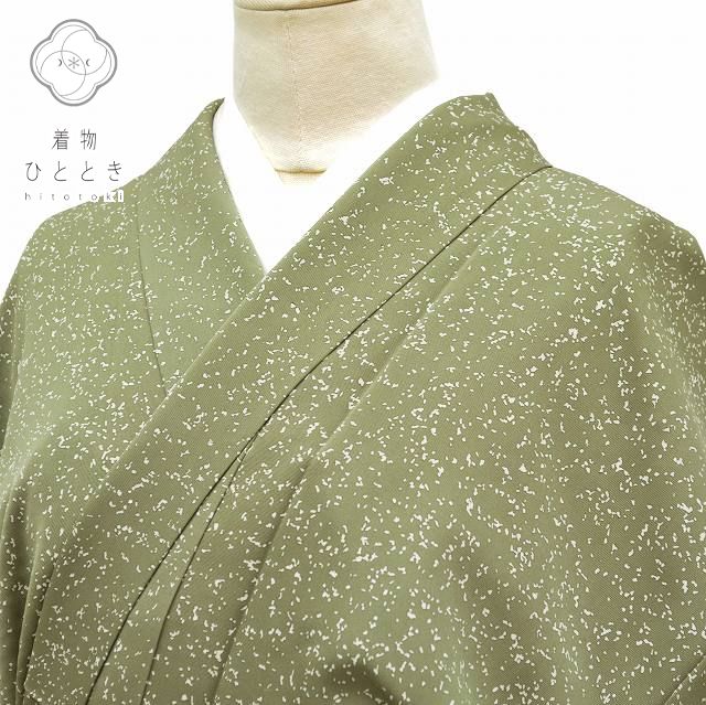 小紋 リサイクル着物 身丈157.5cm 裄丈63cm 正絹 未使用品 仕立て上がり リサイクル小紋 女性 S M 落款有 ガード加工済 緑色系 幾何学文様 特選逸品 [ 和服 着付け教室 お茶 女性 カジュアル 初詣 アウトレット きもの kimono 着物ひととき] mm3608b｜リサイクル着物 着物ひととき 中古