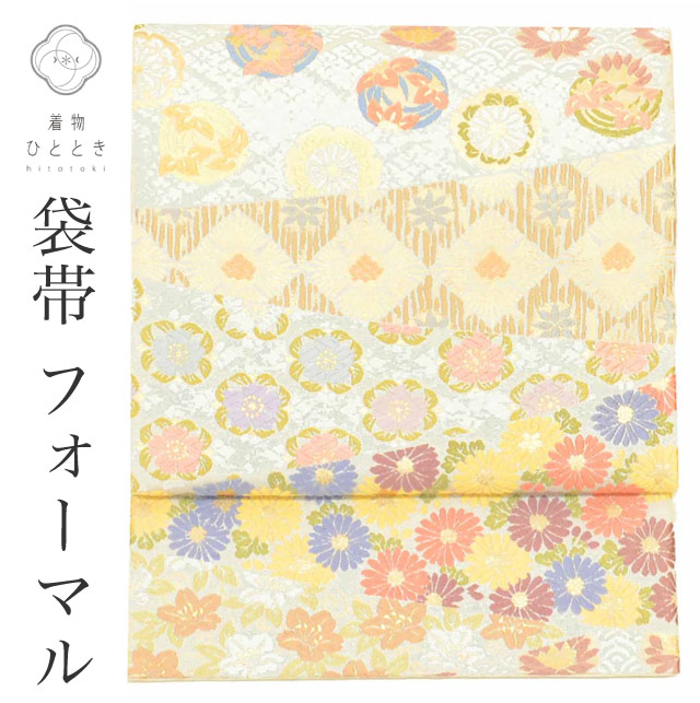 ＼最大15%OFF+P5倍／ 【中古】 袋帯 正絹 リサイクル袋帯 仕立て上がり グレー色系 花文様 六通柄 唐織 刺繍 金糸 uu1400b