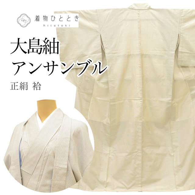 ＼P5倍+最大5500円OFFクーポン／ 【中古】 リサイクル着物 羽織 アンサンブル 女性 大島紬 白大島 正絹 裄71cm 身丈157cm M 単衣 長羽織 白色系 亀甲絣文様 レディース uu2091b
